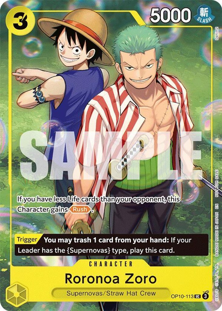 Roronoa Zoro OP10-113, the UC printing from OP-10 of the One Piece Card Game