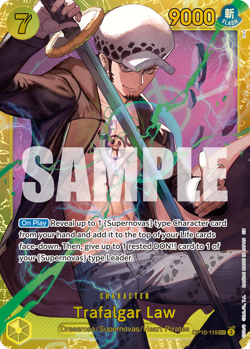 Trafalgar Law - OP10-119 OP10-119, the SEC printing from OP-10 of the One Piece Card Game