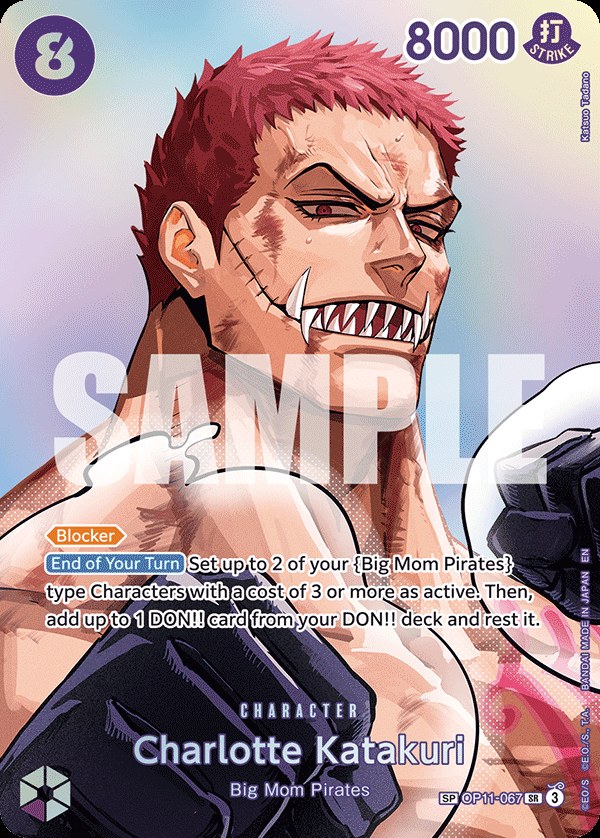 Charlotte Katakuri OP11-067, the SR printing from OP-11 of the One Piece Card Game