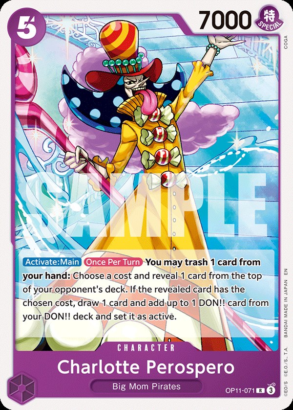 Charlotte Perospero OP11-071, the R printing from OP-11 of the One Piece Card Game