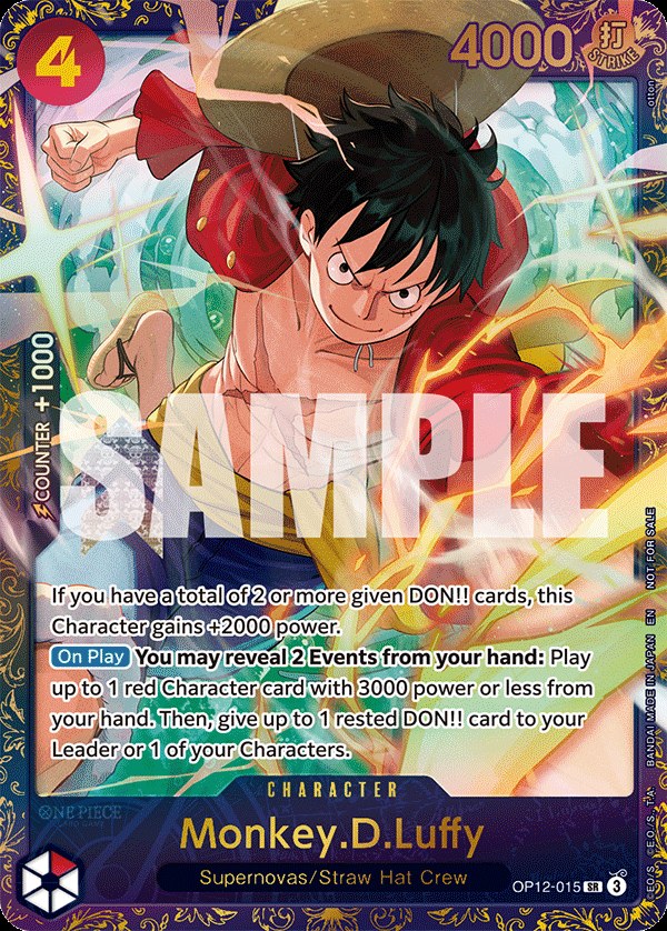 Monkey D. Luffy OP12-015, the SR printing from OP-12 of the One Piece Card Game