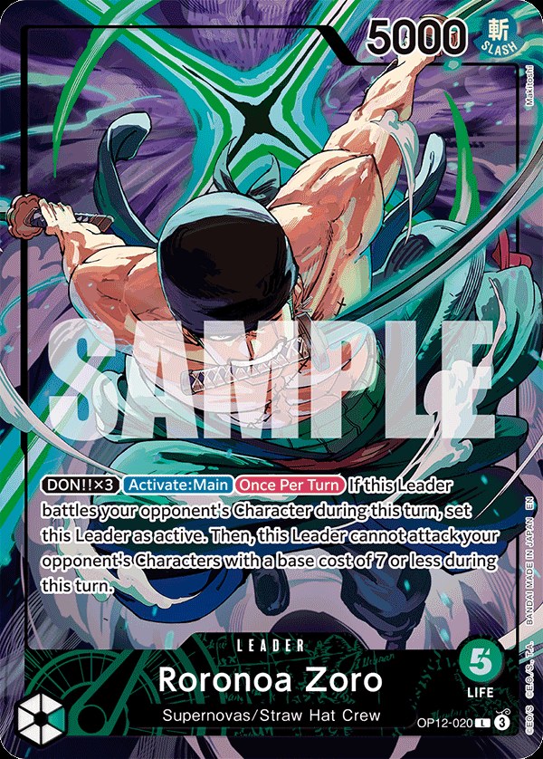 Roronoa Zoro OP12-020, the L printing from OP-12 of the One Piece Card Game