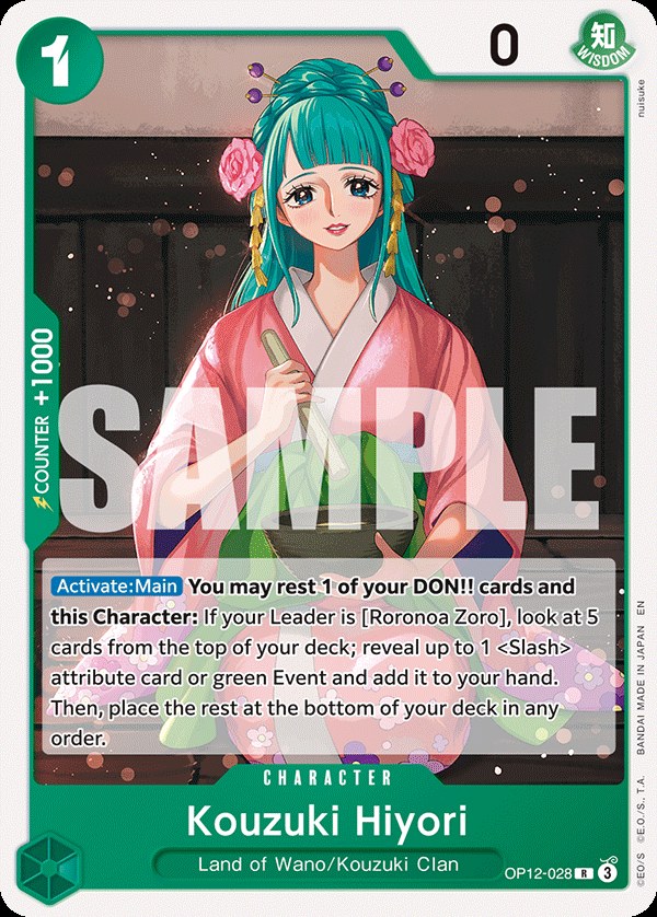 Kouzuki Hiyori OP12-028, the R printing from OP-12 of the One Piece Card Game