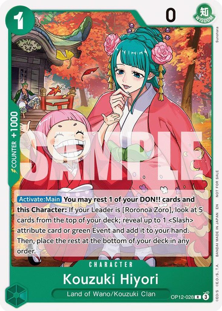 Kouzuki Hiyori OP12-028, the R printing from OP-12 of the One Piece Card Game