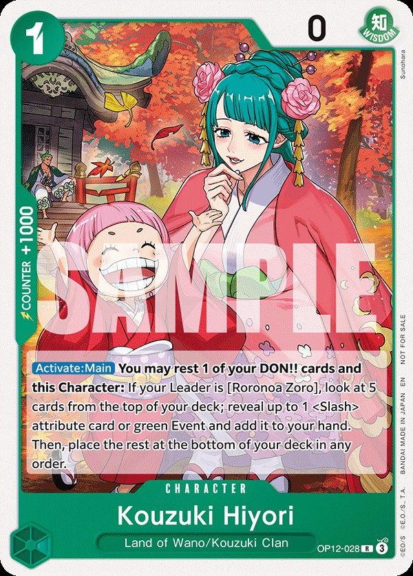 Kouzuki Hiyori OP12-028, the R printing from OP-12 of the One Piece Card Game