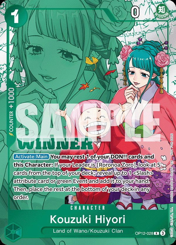Kouzuki Hiyori OP12-028, the R printing from OP-12 of the One Piece Card Game