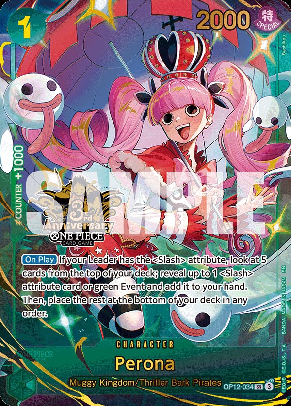 Perona OP12-034, the SR printing from OP-12 of the One Piece Card Game