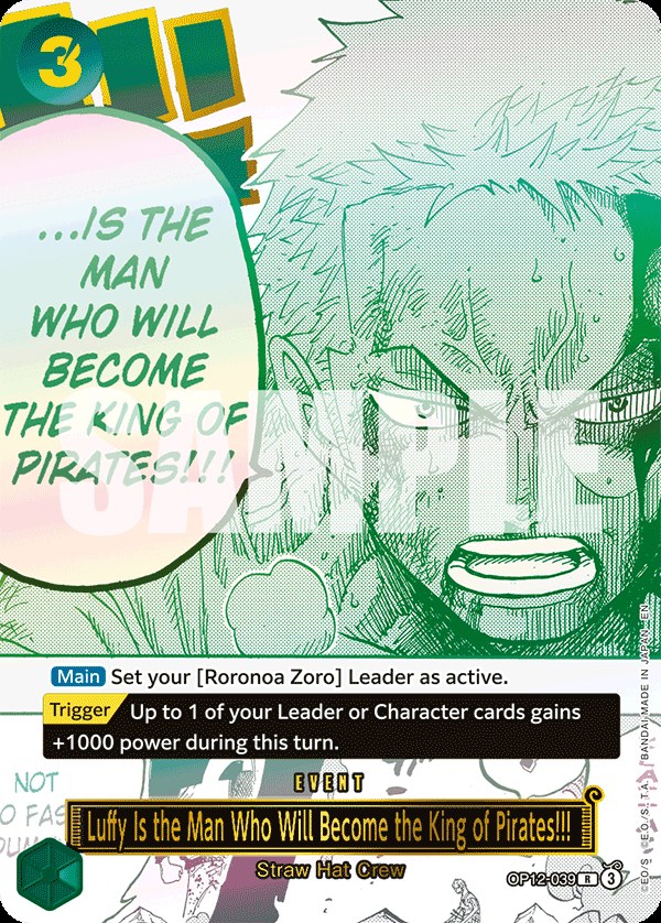 Luffy Is the Man Who Will Become the King of Pirates!!! OP12-039, the R printing from OP-12 of the One Piece Card Game