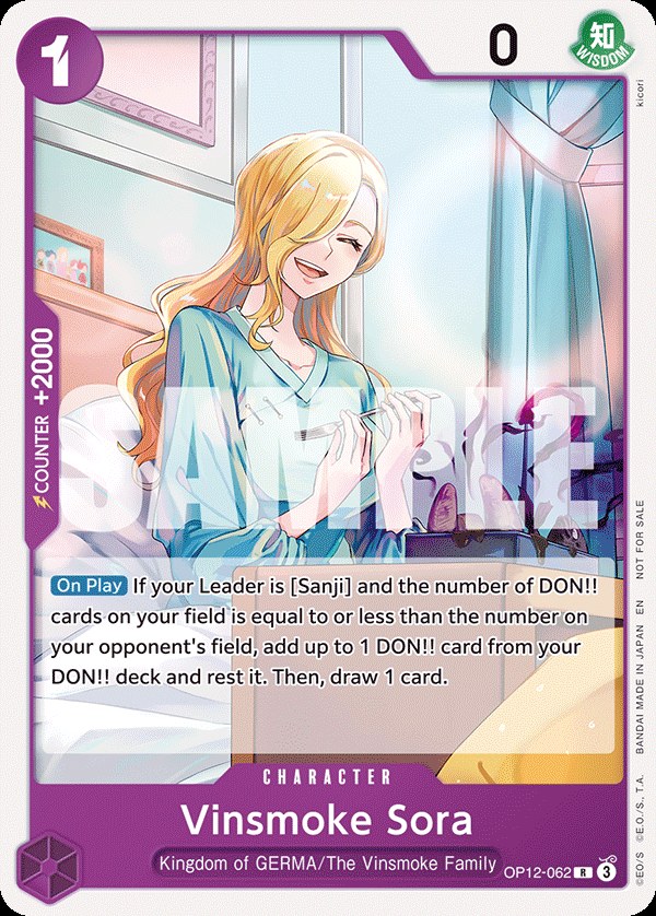 Vinsmoke Sora OP12-062, the R printing from OP-12 of the One Piece Card Game