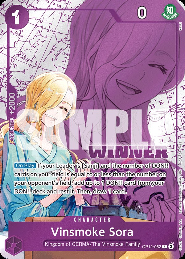 Vinsmoke Sora OP12-062, the R printing from OP-12 of the One Piece Card Game