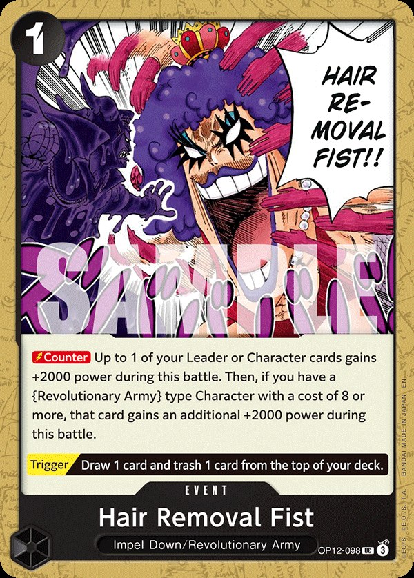 Hair Removal Fist OP12-098, the UC printing from OP-12 of the One Piece Card Game