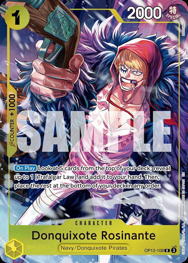 Donquixote Rosinante OP12-108, the R printing from OP-12 of the One Piece Card Game