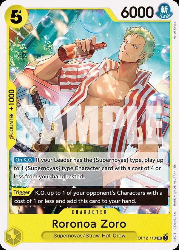 Roronoa Zoro OP12-113, the UC printing from OP-12 of the One Piece Card Game