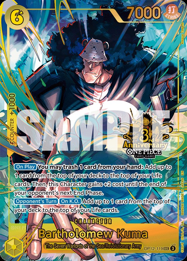 Bartholomew Kuma OP12-119, the SEC printing from OP-12 of the One Piece Card Game