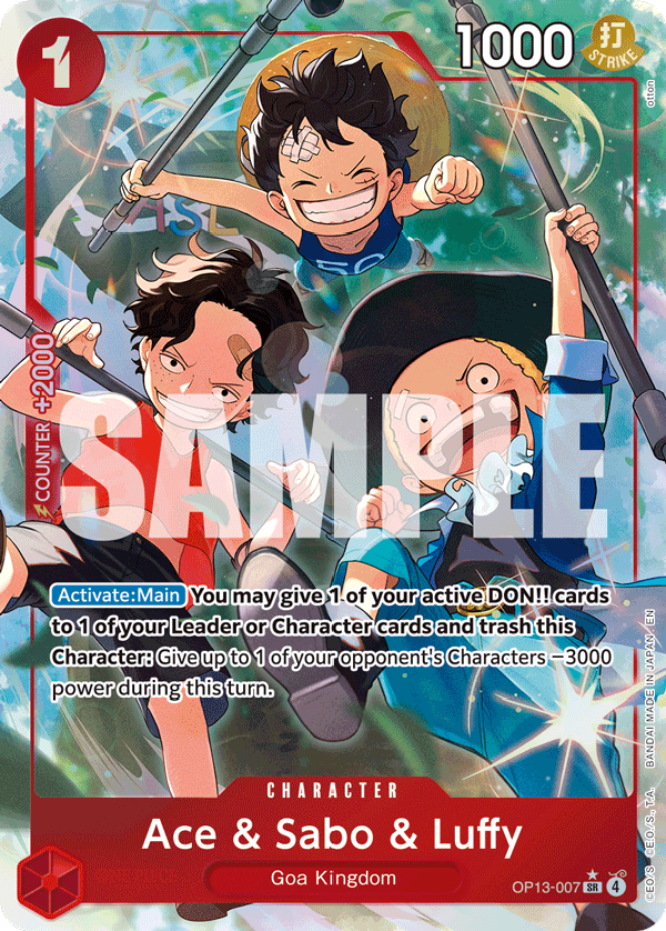 Ace & Sabo & Luffy OP13-007, the SR printing from OP-13 of the One Piece Card Game