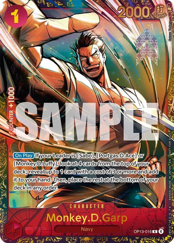 Monkey.D.Garp OP13-016, the R printing from OP-13 of the One Piece Card Game