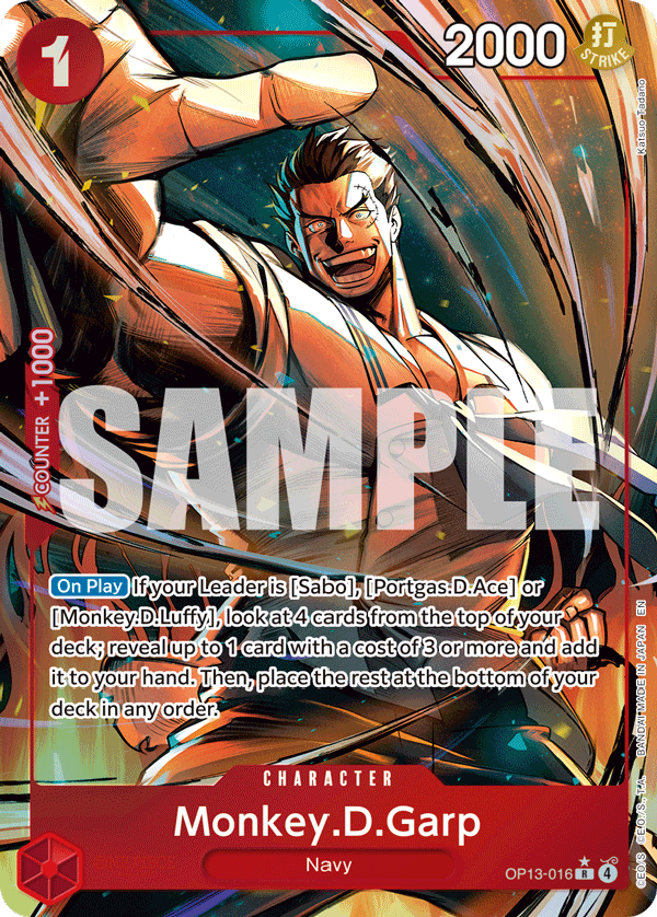 Monkey.D.Garp OP13-016, the R printing from OP-13 of the One Piece Card Game
