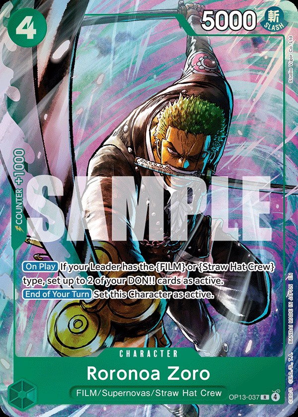 Roronoa Zoro OP13-037, the R printing from OP-13 of the One Piece Card Game