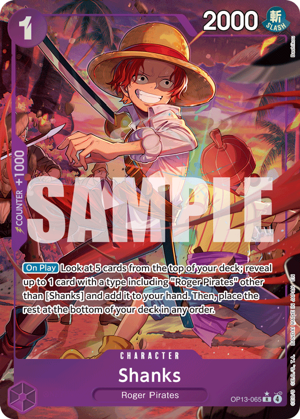 Shanks (065) OP13-065, the R printing from OP-13 of the One Piece Card Game