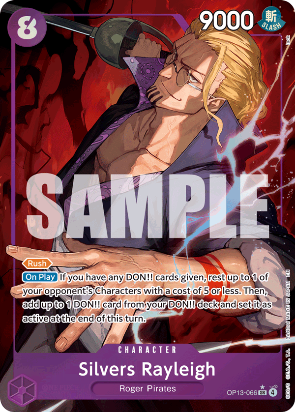 Silvers Rayleigh OP13-066, the SR printing from OP-13 of the One Piece Card Game