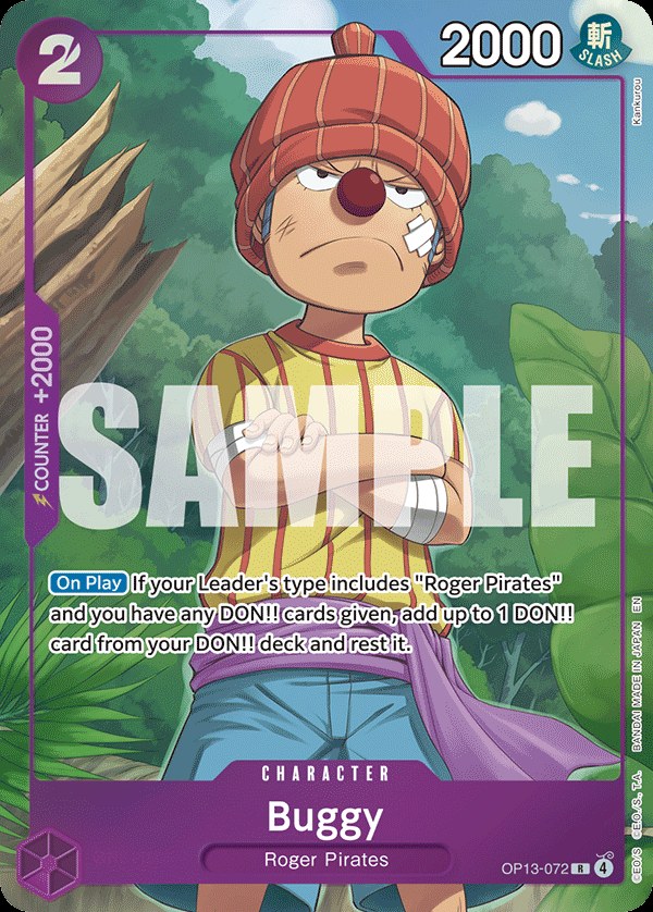 Buggy OP13-072, the R printing from OP-13 of the One Piece Card Game