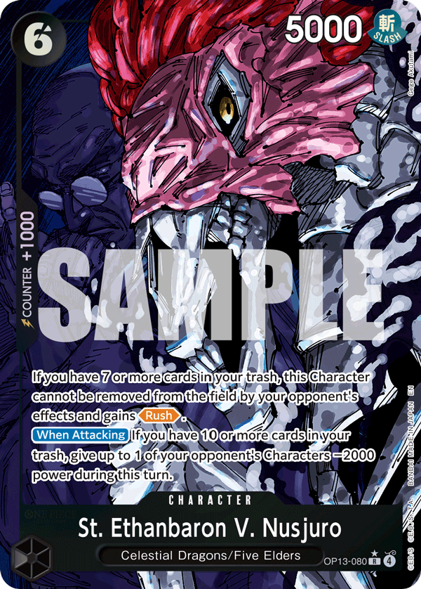 St. Ethanbaron V. Nusjuro OP13-080, the R printing from OP-13 of the One Piece Card Game
