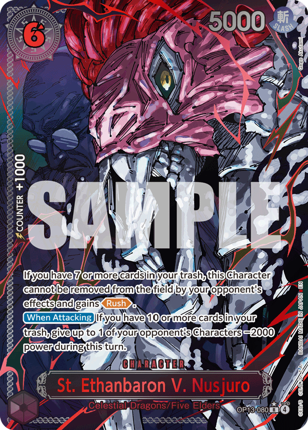 St. Ethanbaron V. Nusjuro OP13-080, the R printing from OP-13 of the One Piece Card Game