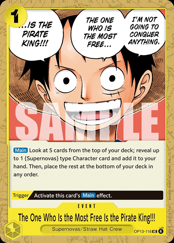 The One Who Is the Most Free Is the Pirate King!!! OP13-116, the UC printing from OP-13 of the One Piece Card Game