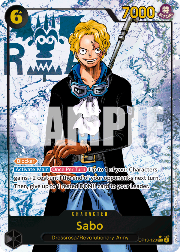 Sabo (120) OP13-120, the SEC printing from OP-13 of the One Piece Card Game