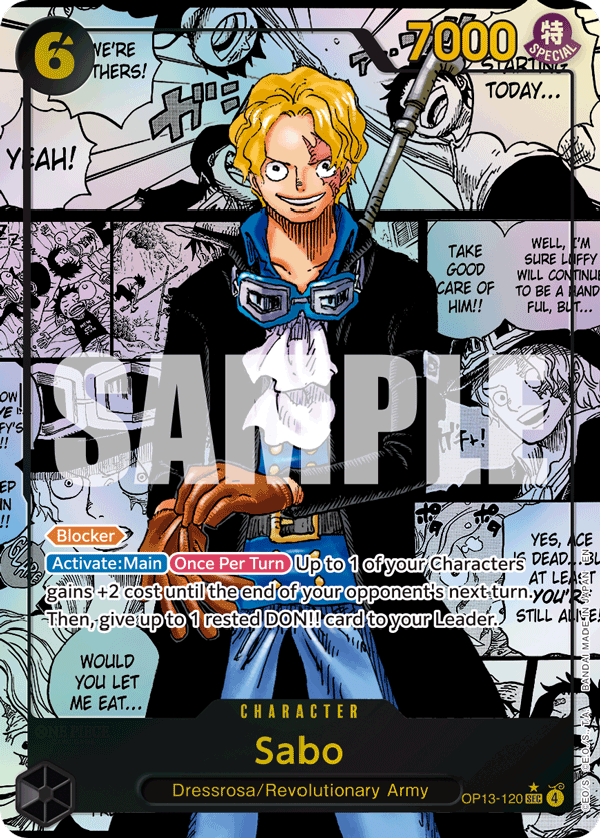 Sabo (120) OP13-120, the SEC printing from OP-13 of the One Piece Card Game
