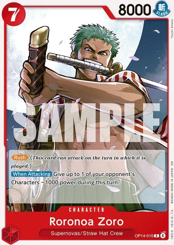 Roronoa Zoro OP14-015, the R printing from OP-14 of the One Piece Card Game