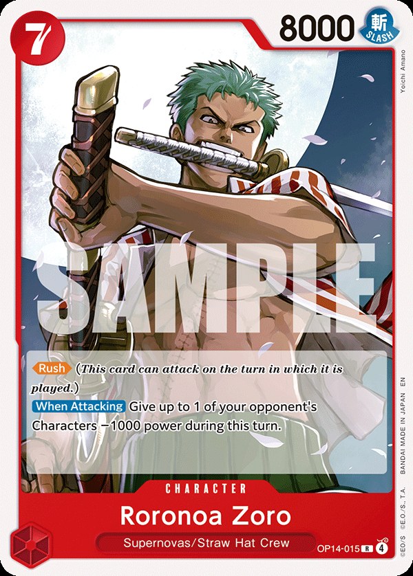 Roronoa Zoro OP14-015, the R printing from OP-14 of the One Piece Card Game