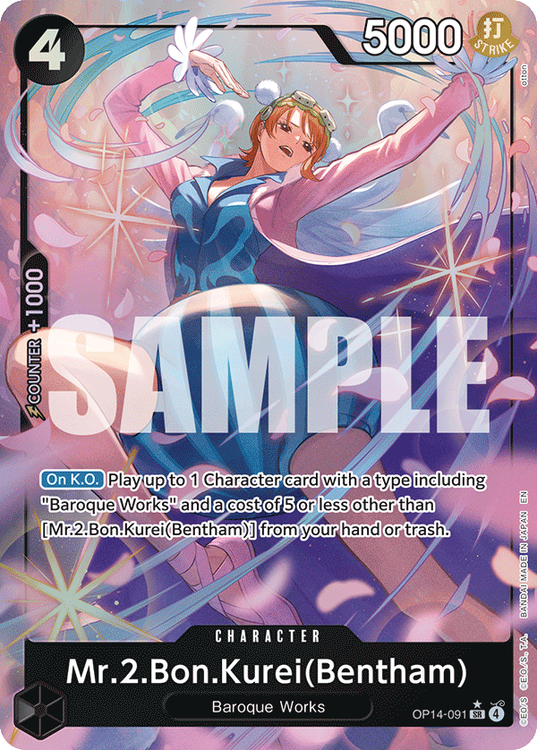 Mr.2.Bon.Kurei (Bentham) OP14-091, the SR printing from OP-14 of the One Piece Card Game