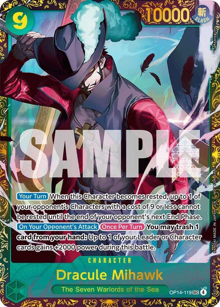 Dracule Mihawk OP14-119, the SEC printing from OP-14 of the One Piece Card Game