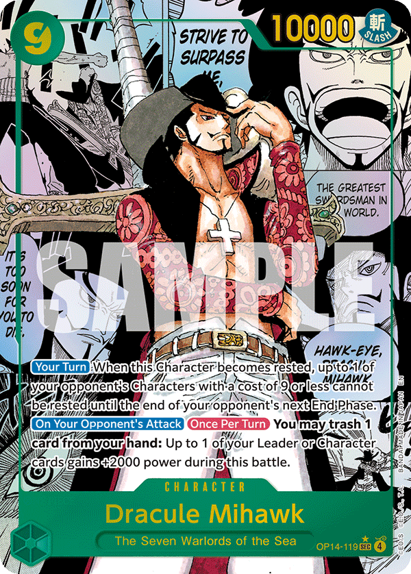 Dracule Mihawk OP14-119, the SEC printing from OP-14 of the One Piece Card Game