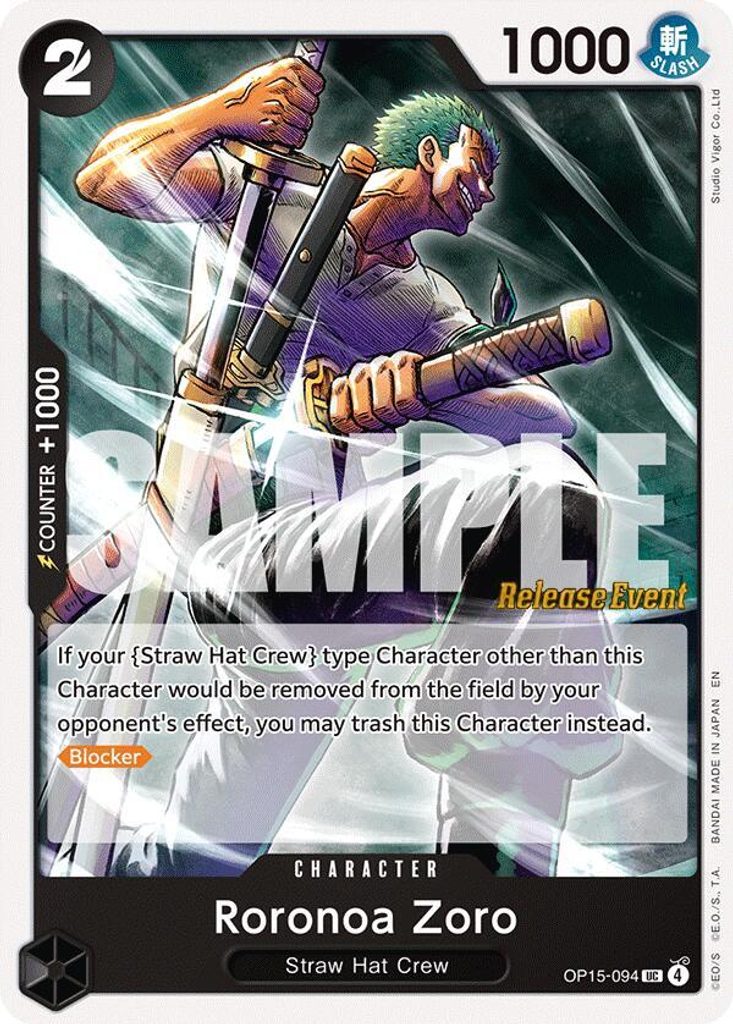 Roronoa Zoro OP15-094, the UC printing from OP-15 of the One Piece Card Game