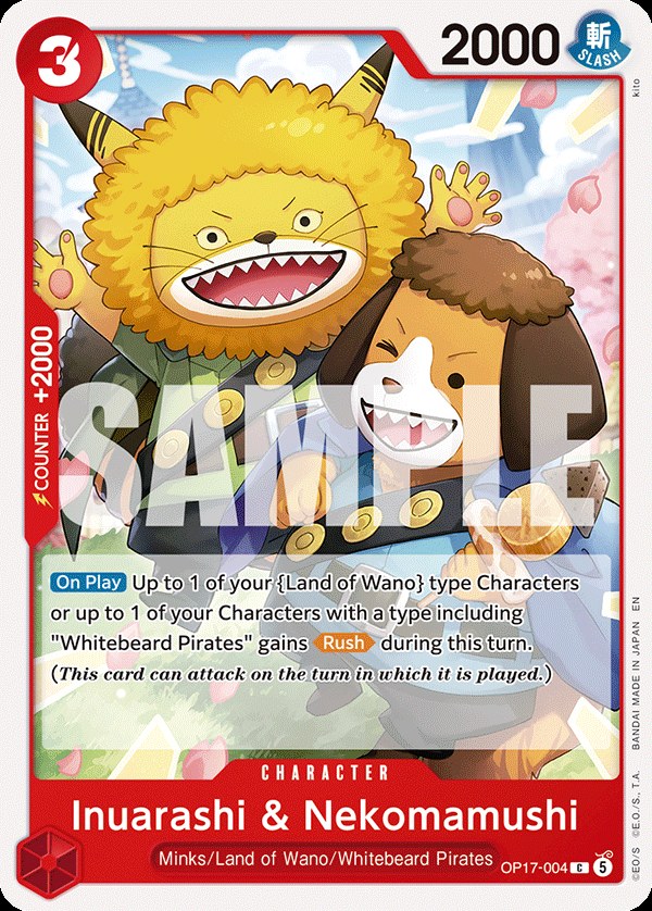 Inuarashi & Nekomamushi OP17-004, the C printing from OP-17 of the One Piece Card Game