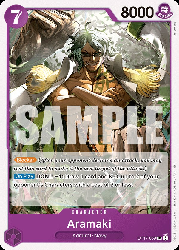 Aramaki OP17-059, the UC printing from OP-17 of the One Piece Card Game