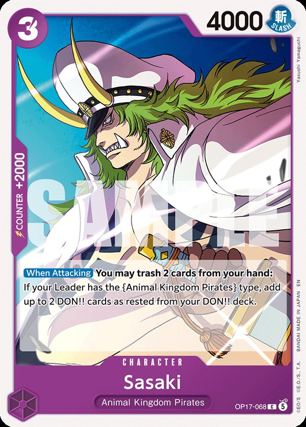 Sasaki OP17-068, the C printing from OP-17 of the One Piece Card Game