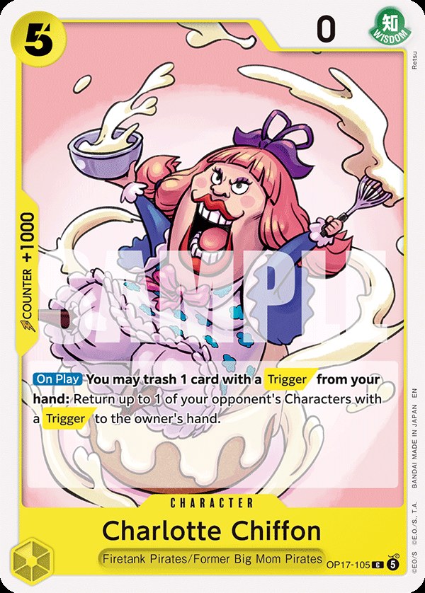 Charlotte Chiffon OP17-105, the C printing from OP-17 of the One Piece Card Game