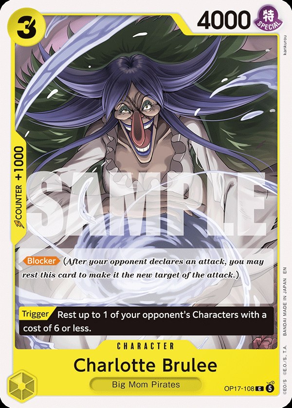 Charlotte Brulee OP17-108, the C printing from OP-17 of the One Piece Card Game