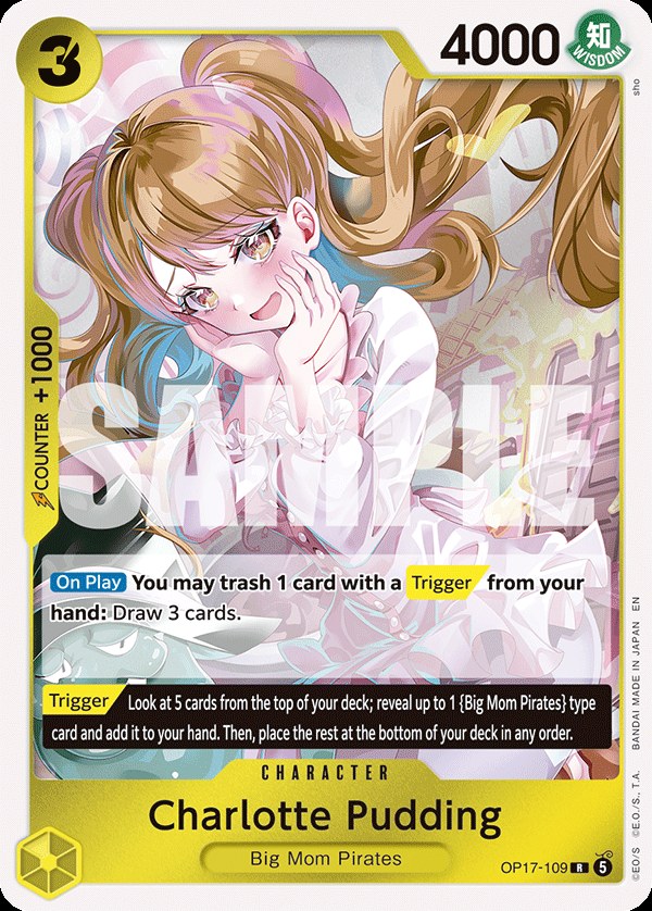 Charlotte Pudding OP17-109, the R printing from OP-17 of the One Piece Card Game