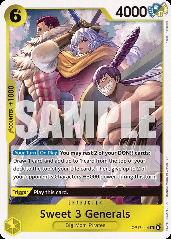 Sweet 3 Generals OP17-114, the R printing from OP-17 of the One Piece Card Game