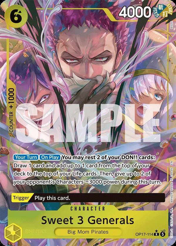 Sweet 3 Generals OP17-114, the R printing from OP-17 of the One Piece Card Game