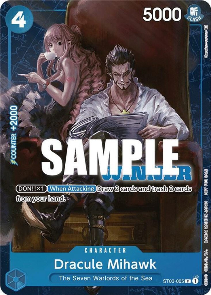 Dracule Mihawk ST03-005, the C printing from ST-03 of the One Piece Card Game