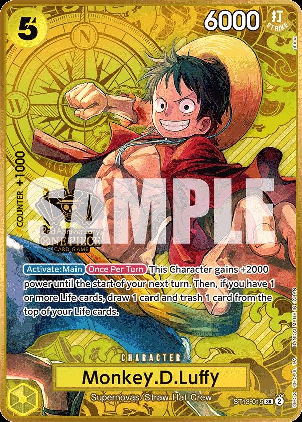 Monkey D. Luffy ST13-015, the SR printing from ST-13 of the One Piece Card Game