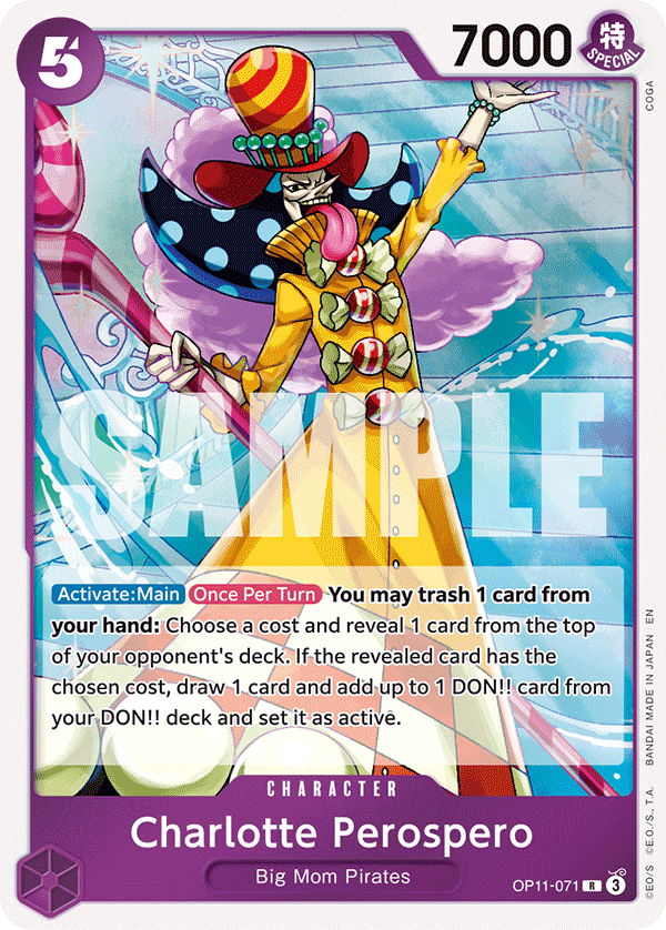 Charlotte Perospero OP11-071, the R printing from OP-11 of the One Piece Card Game