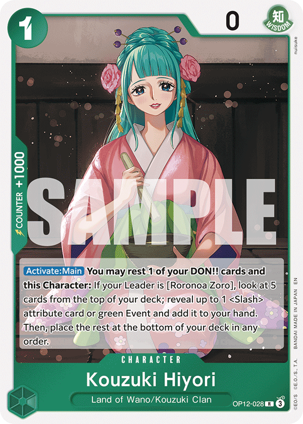 Kouzuki Hiyori OP12-028, the R printing from OP-12 of the One Piece Card Game