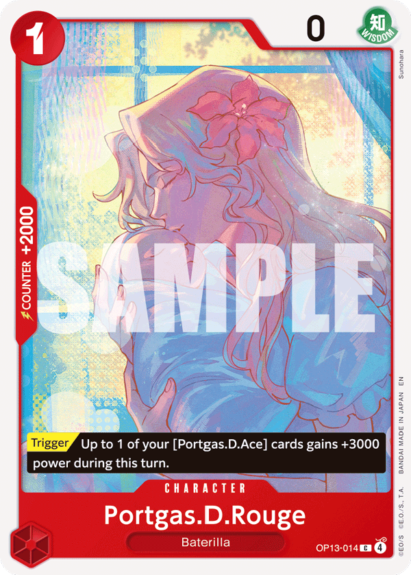 Portgas.D.Rouge OP13-014, the C printing from OP-13 of the One Piece Card Game