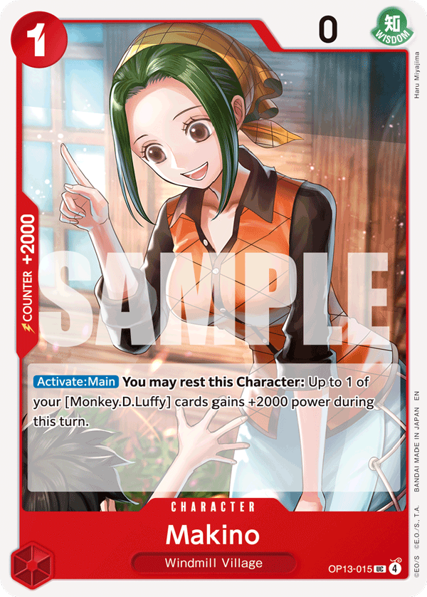 Makino OP13-015, the UC printing from OP-13 of the One Piece Card Game